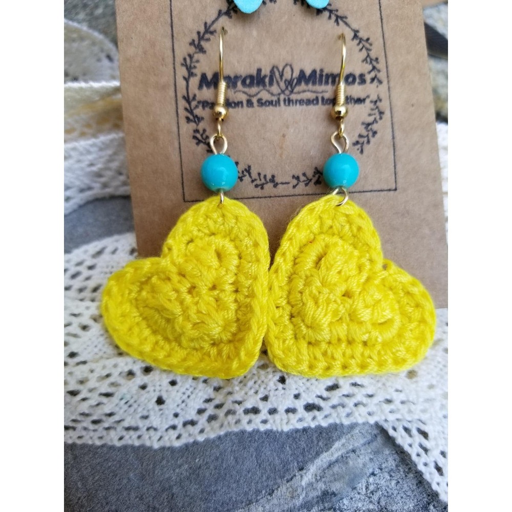 Meraki Mimos Yellow Crochet Heart Earrings Turquoise Bead Gold Tone Boho Dangle